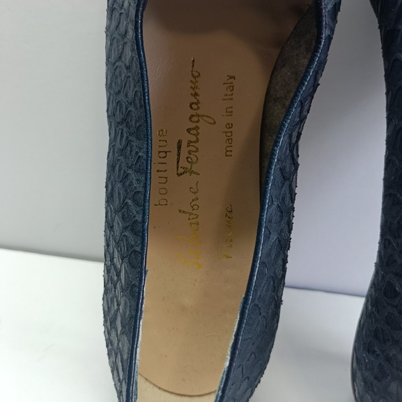 Vtg Salvatore‎ Ferragamo Size 7.5B Lace-up Shoes Blue Snake Embossed Oxfords - Picture 2 of 8